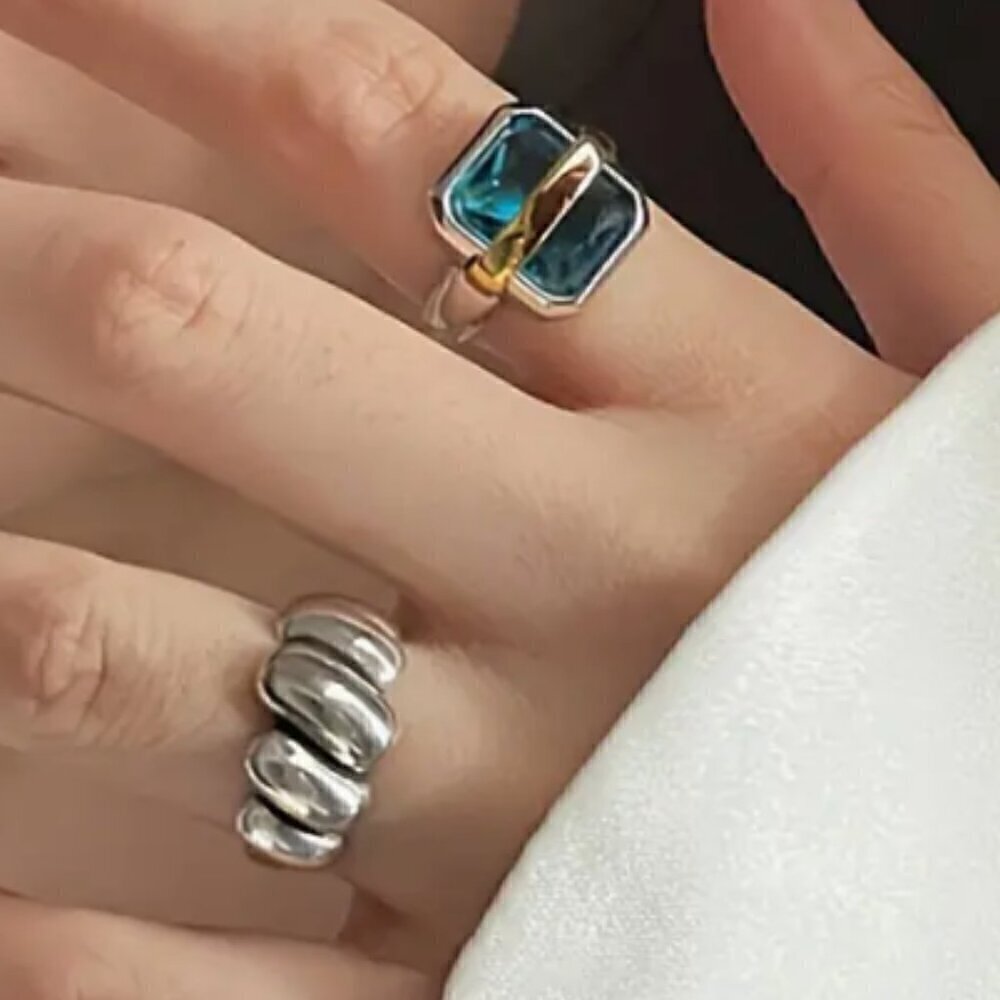 TWO RING SET Adjustable Silver Tone Faux Blue Zircon and Wrap Rings (#1367)
